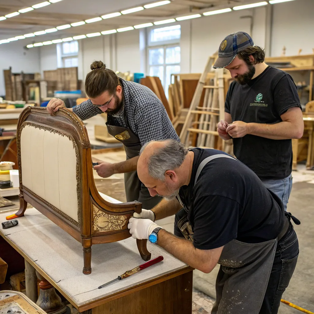 Team working on furniture restoration
